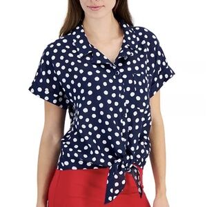 Charter Club 100% Linen Luxury Navy Blue White Polka Dot‎ Tie Front Shirt Size L